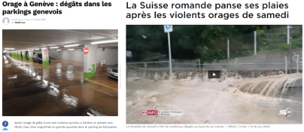 Fig. 3: Articoli di stampa che riportano i danni causati dal fronte temporalesco il 15 giugno 2019. A sinistra: Radio Lac; a destra: RTS Info.