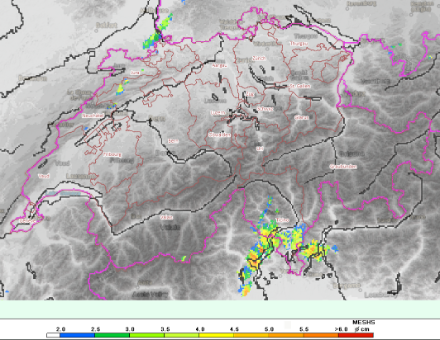 Fig. 6: Grandezza massima dei chicchi di grandine stimata sulla base dei dati radar il 22.6.2023. 