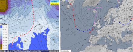 A sinistra: carta meteorologica ad alta quota a 500 hPa, circa 5700 m alle 00 UTC di domenica 25 giugno 2023. Sono visualizzati la temperatura (aree colorate) e il geopotenziale (linee nere). A destra: mappa meteorologica al suolo con i sistemi frontali alle 00 UTC.