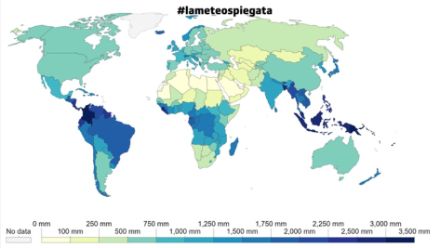 Fig. 2: la distribuzione dei quantitativi di precipitazione annuali a livello mondiale: si notano i valori molto elevati nella fascia centrale vicino all'equatore. Fonte: RSINews - ourworldindata.org.