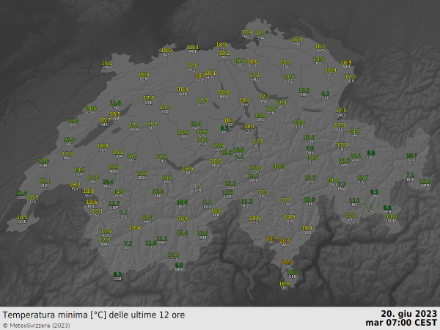 Fig. 1: temperature minime notturne registrate nella scorsa notte, 19-20 giugno 2023. Dati SwissMetNet