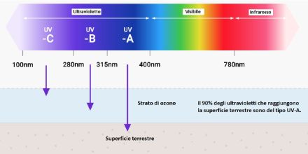 Spettro elettromagnetico dei raggi UV, luce visibile e infrarosso.