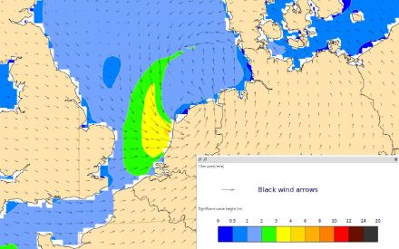 Altezza delle onde calcolata dal modello ECMWF per questa mattina. Sono state calcolate altezze di 3 o 4 metri nell'area del campo di vento di tempesta. Si nota anche che l'area con onde alte non è molto estesa.