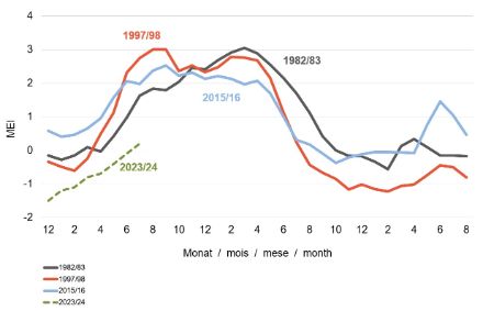 Grafico a linee che mostra lo sviluppo di eventi El Niño intensi, rispetto all'evento attuale.