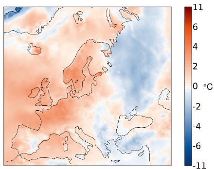 Fig. 2: Distribuzione spaziale della temperatura di giugno nel 2023 in Europa come deviazione dalla media 1991-2020 in °C. Fonte: Copernicus.