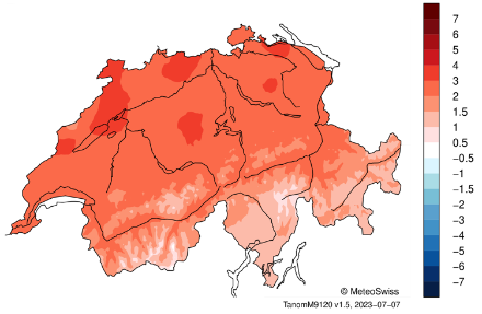 Mappa della Svizzera che mostra le anomalie di temperatura nel giugno 2023 rispetto alla norma 1991-2020.
