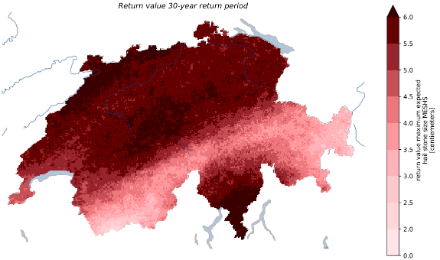 Fig. 3: Diametro dei chicchi di grandine con un periodo di ritorno di circa 30 anni. In altre parole, chicchi di tali dimensioni sono attesi mediamente una volta ogni 30 anni. Fonte: MeteoSvizzera