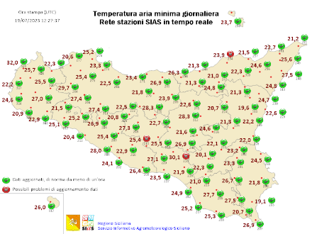 Fig. 1: Temperature minime del 19 luglio 2023 in Sicilia. 