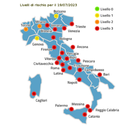 Fig. 4: Livelli di rischio per le città italiane per il 19 luglio 2023.