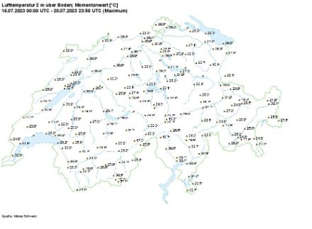 Fig. 5: le temperature massime registrate in Svizzera da domenica 16 a giovedì 20.7.2023 