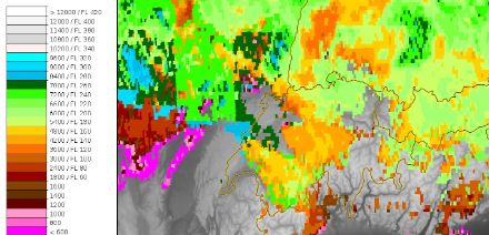 Fig. 3. Le temperature di radiazione derivate con il satellite geostazionaria MeteoSat vengono utilizzate a MeteoSvizzera soprattutto per le nuvole, per derivare per esempio l'altezza della sommità dei banchi nuvolosi. Immagine: NWCSAF Cloud Top Height.