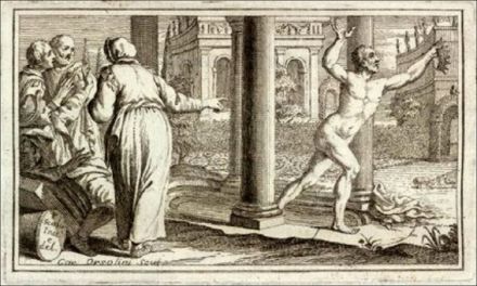 Archimede corre nudo esclamando "Euréka" per le vie della città (disegno di Pietro Scalvini, incisione di Carlo Orsolini, 1737). Fonte: Wikipedia. 