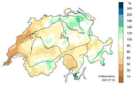 Cartina della distribuzione delle precipitazioni in Svizzera in luglio.