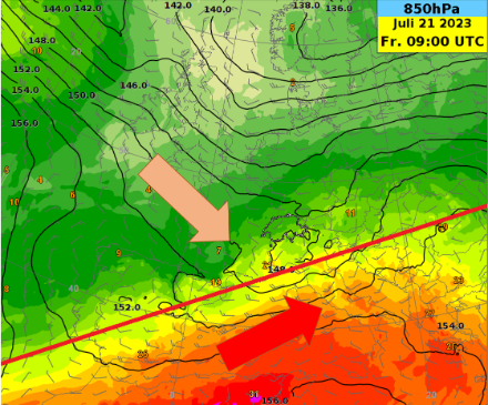 Fig. 1: temperatura e altezza del geopotenziale a 850 hPa, venerdì 21 luglio 2023 ore 11:00 locali. Fonte: MeteoSvizzera-ECMWF.