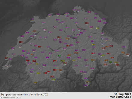 Temperature massime fino alle 16 di oggi, 11.7.2023