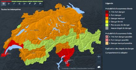 Figura 4: Mappa di allerta di MeteoSvizzera per domenica 20 agosto 2023.