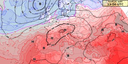 Figura 1. Geopotenziale (pressione, in decametri) e temperatura (in °C) a 850 hPa (~1500 m) previsti per lunedì 21 agosto 2023 alle ore 12 UTC. Modello IFS.