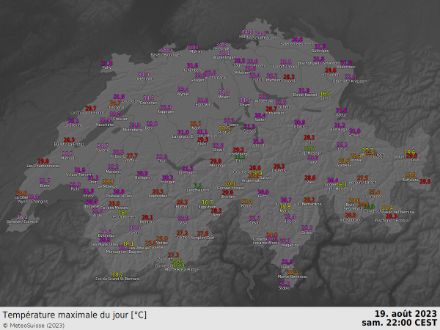 Figura 2: Temperature massime (in °C) misurate sabato 19 agosto 2023.