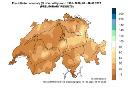 Fig. 4: Analisi preliminare al 19 agosto per l’anomalia di precipitazioni, rispetto alla norma 1991-2020.
