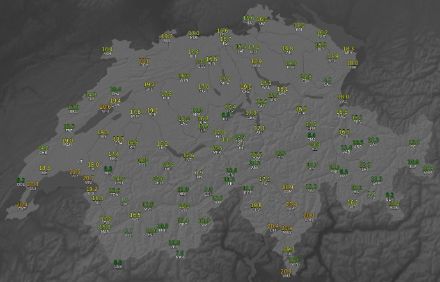 Fig. 1: Temperature minime nella notte tra il 31 luglio e il 1° agosto 2023 in Svizzera. Quando la temperatura non scende sotto i 20°C, si parla di notte tropicale. 
