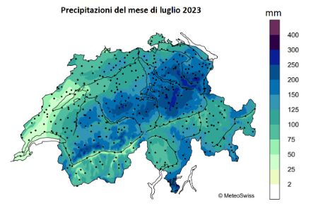 Fig. 4: Totale delle precipitazioni del mese di luglio 2023 in Svizzera.