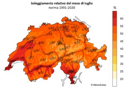 Fig. 5: Soleggiamento relativo del mese di luglio, norma 1991-2020. Esso esprime la percentuale di sole media del periodo 1991-2020 rispetto al massimo possibile. 