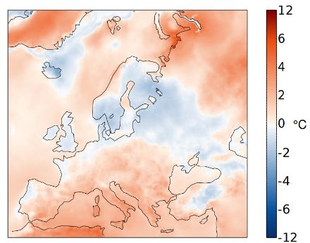 Fig. 1: Distribuzione della temperatura media del mese di luglio 2023 in Europa rispetto alla norma 1991-2020. Fonte: Copernicus Climate Change Service / ECMWF