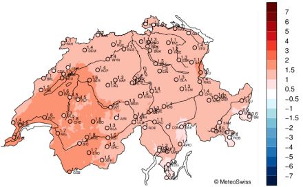 Fig. 5: Distribuzione della temperatura media del mese di luglio in Svizzera, rappresentata come anomalia rispetto alla norma 1991-2020. Fonte: MeteoSvizzera.