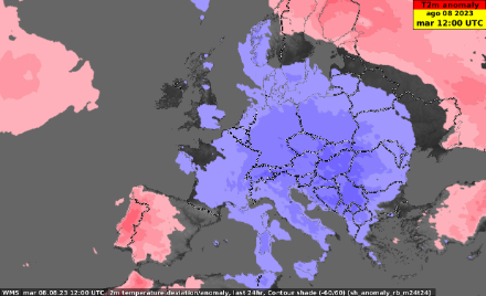 Fig. 1: anomalia della temperatura a 2 metri, martedì scorso 8 agosto. L’anomalia indica la differenza rispetto alla norma pluriennale. In rosso sono indicate le temperature più alte della norma, in blu quelle più basse. Tutta l’Europa centrale fino all’Italia e ai Balcani era interessata da aria fresca per il periodo.