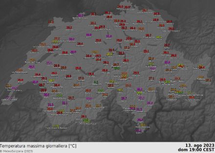 Figura 1: Temperature massime di domenica 13 agosto 2023. 