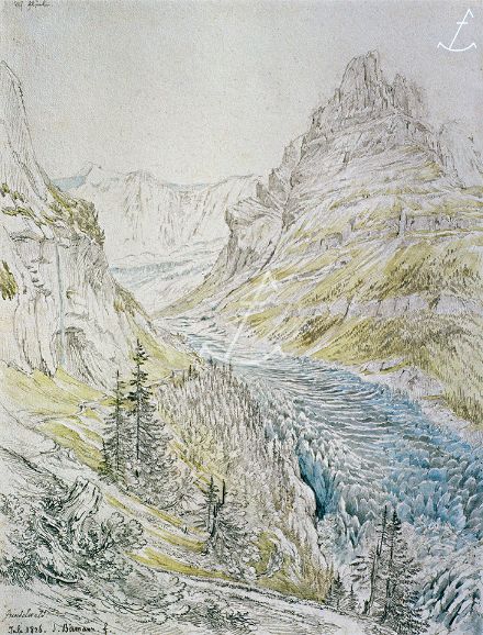 Il ghiacciaio inferiore di Grindelwald con i suoi seracchi originali (torri di ghiaccio glaciali), disegnati nel luglio 1826 da Samuel Birmann sulla strada per Bäregg.
