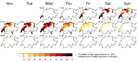 Probabilità in percentuale che la temperatura media giornaliera superi i 25 gradi, secondo il modello meteorologico europeo IFS. La probabilità aumenta in modo significativo almeno fino a giovedì 24 agosto, dopodiché l'incertezza delle previsioni aumenta in modo significativo. 