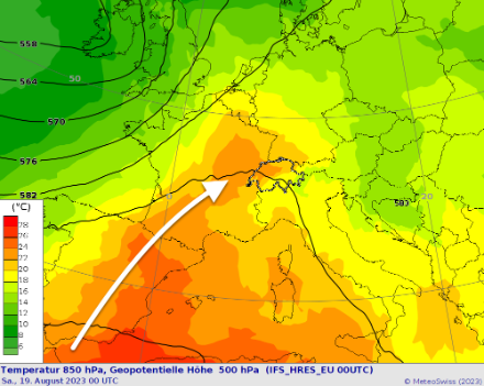 Temperatura dell'aria a 850 hPa (circa 1500 m s.l.m.) come aree colorate e il geopotenziale a 500 hPa (linee nere) per sabato prossimo alle ore 2:00. La freccia bianca mostra schematicamente l'origine della massa d'aria molto calda.
