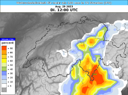 Il modello IFS mostra che la probabilità di raggiungere 130 mm di pioggia nelle aree allertate è del 40-70%, localmente fino al 90%.