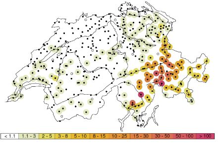 Fig. 6: Periodi di ritorno in anni dei totali delle precipitazioni di 2 giorni da sabato mattina (26 agosto 2023) a lunedì mattina (28 agosto 2023).