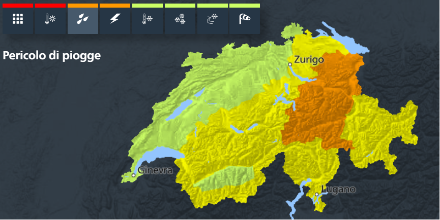 Nelle Alpi centrali e orientali c'è un'allerta pioggia di livello 3 in molte regioni (stato 25.08.2023 ore 16.00).