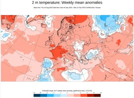 Previsione della deviazione della temperatura dalla media sul lungo periodo in Europa per la prossima settimana. In Europa le temperature saranno superiori alla media stagioanale.