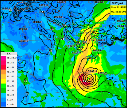 Analisi ECMWF della tempesta Daniel sulla Libia. Il modello ha calcolato raffiche di vento fino a 130 km/h.