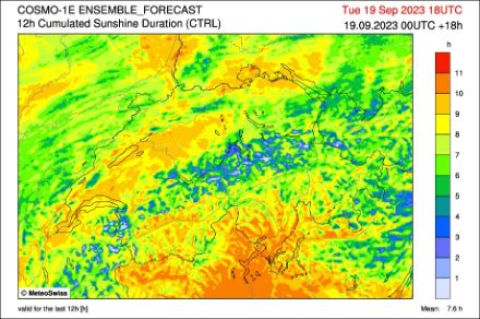 Fig. 2: Ore di sole previste dal modello COSMO-1E sulla giornata odierna.