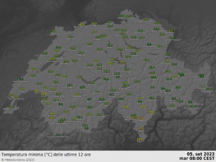 Temperature minime, delle ultime 12 ore registrate questa mattina dalla rete SwissMetNet