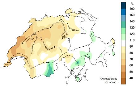 Figura 3: Distribuzione spaziale della somma delle precipitazioni dell’estate 2023, rappresentata come deviazione percentuale dalla norma 1991-2020 (stato al 01.09.2023).
