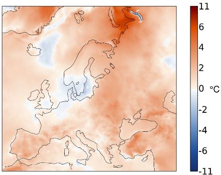 Fig. 3. Distribuzione spaziale della temperatura nel mese d'agosto nel 2023 in Europa, indicata come deviazione dalla norma 1991-2020 in °C. Fonte: Copernicus.