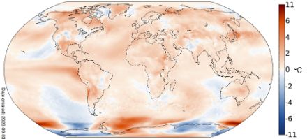 Fig. 4. Distribuzione spaziale della temperatura estiva globale 2023 (media giugno-agosto), indicata come deviazione dalla norma 1991-2020 in °C.  Fonte: Copernicus.