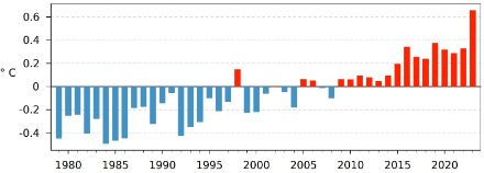 Fig. 5. Temperatura globale dell'estate boreale (da giugno ad agosto) dal 1979 al 2023, indicata come deviazione dalla norma 1991-2020. Fonte: Copernicus.