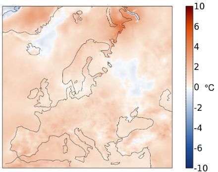 Fig. 6. Distribuzione spaziale della temperatura estiva nel 2023 in Europa, indicata come deviazione dalla norma 1991-2020 in °C. Fonte: Copernicus.