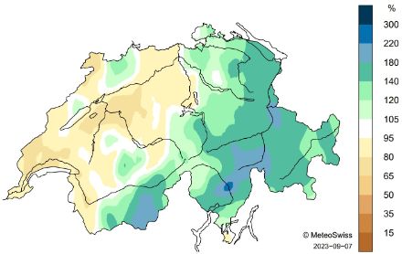 Fig. 7. Distribuzione spaziale delle precipitazioni durante il mese d'agosto 2023, in percentuale rispetto alla norma 1991-2020. Fonte: MeteoSvizzera.
