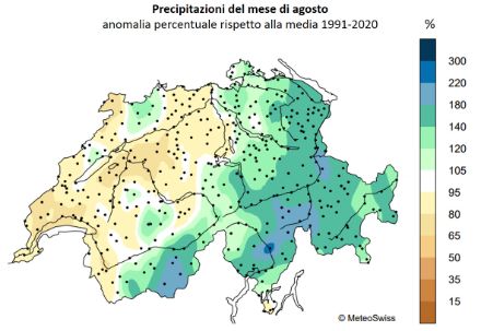 Figura 4: Distribuzione della somma delle precipitazioni del mese di agosto 2023, rappresentata come anomalia percentuale rispetto alla norma 1991-2020.