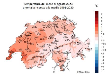 Figura 1: Temperatura media del mese di agosto 2023 in Svizzera, rappresentata come anomalia rispetto alla norma 1991-2020. Fonte: MeteoSvizzera.