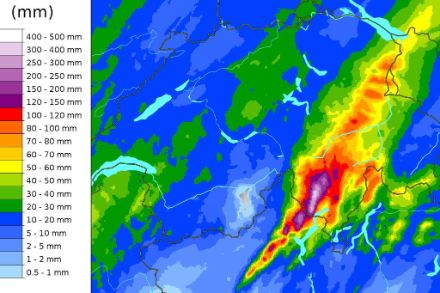 Accumulo di precipitazioni fra le 13 di giovedì e le 13 di venerdì 22 settembre stimato da radar integrato con le misure pluviometriche al suolo.