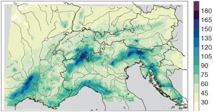 Figura 1: Media del massimo annuale delle precipitazioni nelle Alpi (in millimetri al giorno). Da Isotta et al. 2014, International Journal of Climatology.